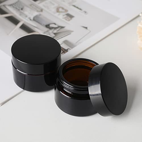 Amber Glass Cosmetic Jar with Black Lid & Spatula - 1oz Reusable Lotion Container