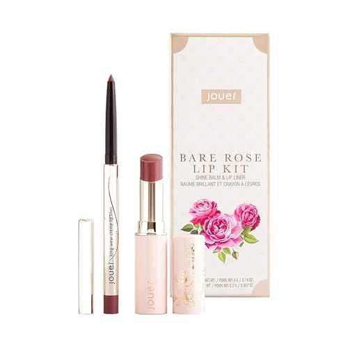 Jouer Bare Rose Lip Kit - Essential Lip Enhancer Shine Balm and Lip Liner Duo - Tinted Lip Balm - Jojoba Seed Oil and Maxi Lip - Valued at $46