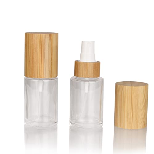 COSIDEA 6 pcs Empty 1oz / 30ml bamboo lid clear glass spray bottle with fine mist despenser head for liquid perfume toiletries, toner bottles