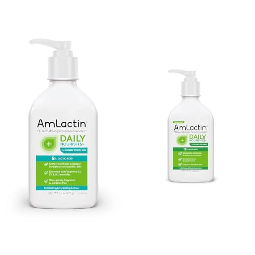 AmLactin Daily Nourish Body Lotion Bundle - 5% 7.9oz and 12% 14.1oz Exfoliating and Moisturizing Lotions for Dry Skin