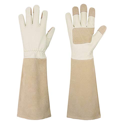 HANDLANDY Rose Gloves for Men & Women, Long Leather Gardening Gloves Thorn Proof, Best Garden Gifts & Tools for Gardener (Yellow-beige, Large (Pack of 1))