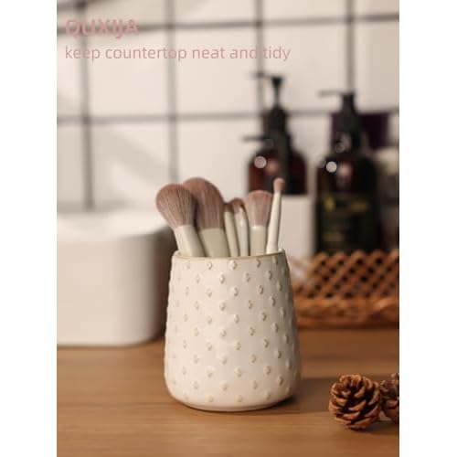 Ceramic Makeup Brush Holders, Farmhouse Bathroom Vanity and Countertop, Brushes Cup for Bathroom Cosmetics, Lipsticks, Vanity Desktop Storage (Vintage White)