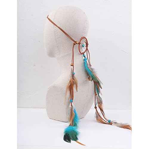 Jumwrit Bohemian Dreamcatcher Feather Headband Indian Gypsy Headpiece with Blue and Brown Feather Tassel Elastic Band Beaded Hairband Hippie Costume Accessories for Women and Girls