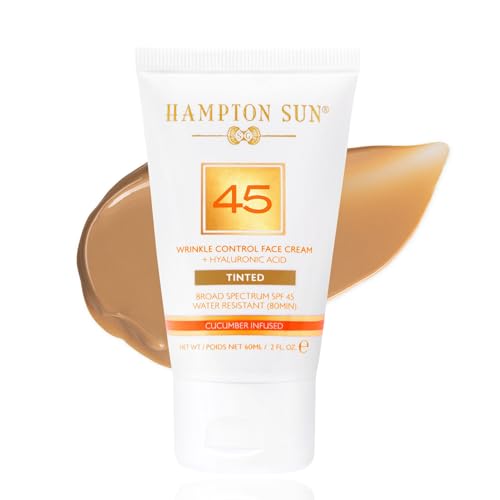 Hampton Sun SPF 45 Tinted Wrinkle Control Face Cream. Daily Moisturizer + Sunscreen. Light, Blendable Coverage. Dewy, Glowy Finish. Hyaluronic Acid + Organic Cucumber Extract Plumps + Brightens