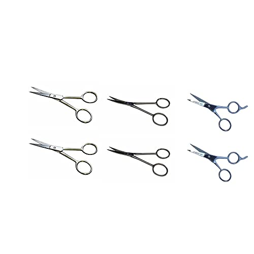 Mustache Scissors 6 Piece Set - 2 Straight (4.7 inches each), 2 Curved (4.5 inches each) and 2 Straight with Finger Rest (4.2 inches each)