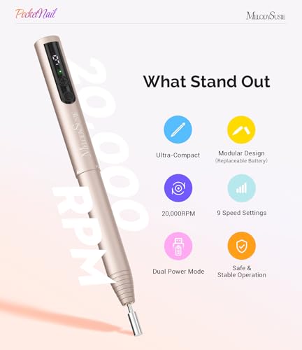 MelodySusie Portable Nail Drill PC100GR - 20000RPM Rechargeable File for Manicure & Pedicure