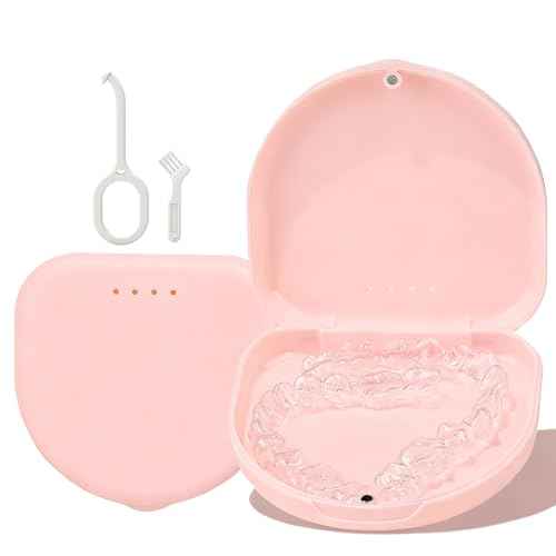Retainer Case, Compatible with Invisalign, Vivera, Slim Aligner Case with Vent Holes, Portable Orthodontic Container with Removal Tool, Brush and Lanyard, Pink