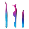 3pcs Eyelash Tweezers, 3 Styles Lash Tweezers with Comb Stainless Steel False Lash Application Tool Eyebrow Tweezers Makeup Tool for Cluster Individual Lash (Purple Blue Gradient)