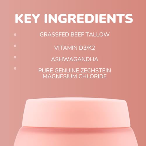 Magnesium Tallow Body Lotion- with grassfed beef tallow, Ashwagandha, Magnesium, Vitamin D3/K2 and Probiotics | Calming Lotion| Tallow Moisturizer | Topical, Non-toxic body cream- 5 oz.
