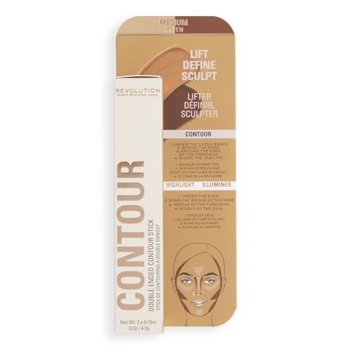 Revolution Beauty London, Fast Base Contour Stick, Dual Ended, Sculpts & Defines Face, Lightweight, Blendable, Medium, 2 X 0.15 Oz