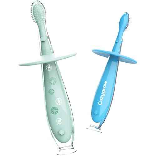 Baby Toothbrush with Suction Base - Gentle Cleaning for Toddler's Self-Brushing Training, Food-Grade Silicone, Extra Soft/Tough Bristles, BPA/Phthalate Free, Anti-chocking/Anti-Fall Design-2 Pack