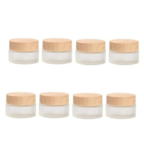 8 Pack 50 Gram/50 ml Round Empty Jars Frosted Glass Bottle Cosmetic Cream Jar Wood Grain Lid Cosmetic Container Glass Cream Box Refillable Lotion Cream Pot Jars for Makeup Lip Balm Eyeshadow