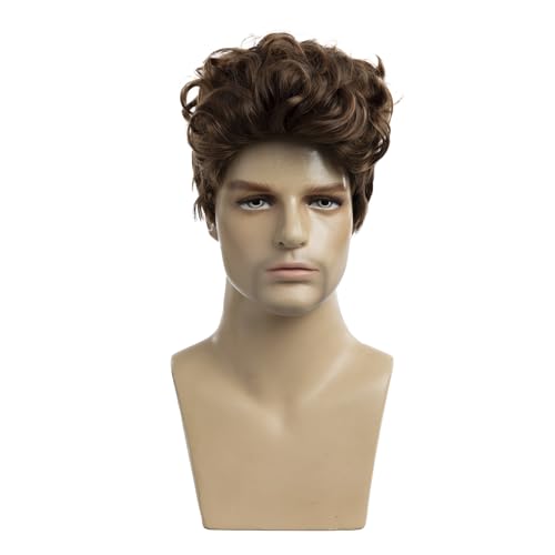 Baruisi Mens Short Brown Wig Natural Curly Fluffy Hair Wig Synthetic Cosplay Replacement Wig for Male