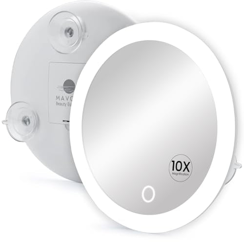 Mavoro 6.8" LED Magnifying Mirror with 3 Strong Suction Cups | 10X Magnification | Portable Lighted Travel Makeup & Cosmetic Mirror with Light (4 AAA Battery Operated |10X)