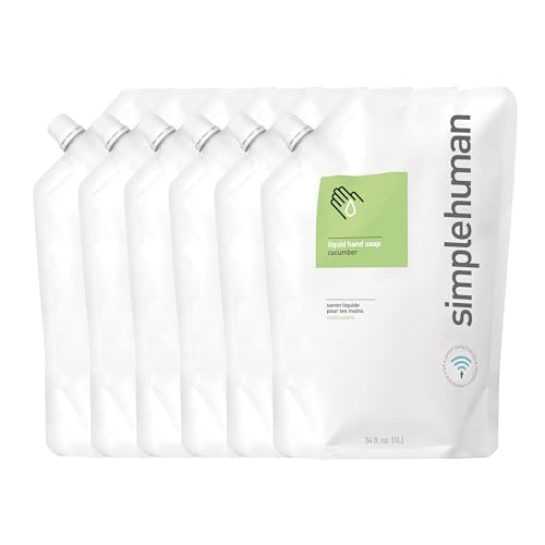 simplehuman Cucumber Moisturizing Liquid Hand Soap Refill Pouch, 34 Fl. Oz, Pack of 6