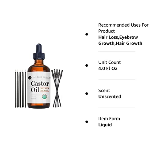 Kate Blanc Cosmetics Organic Castor Oil (4oz). 100% Pure, Cold Pressed, Hexane Free in a Glass Bottle. Stimulate Growth for Eyelashes, Eyebrows, Hair. Skin Moisturizer & Oil Cleanse with Starter Kit