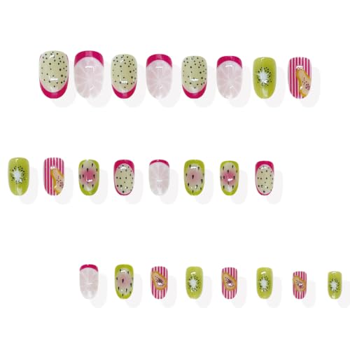 Dulyork Summer Short Almond Press On Nails with Fruit Design – Glue-On Fake Nails