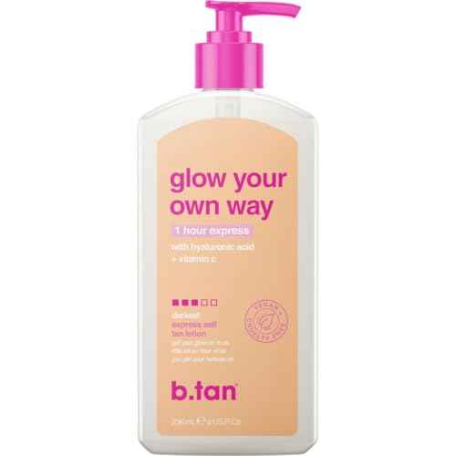 b.tan Dark Self Tanner Lotion | Glow Your Own Way, 1 Hour Express - Daily Quick Sunless Tanning Cream, Best Natural Bronze, Hydrating Vitamin C, Face & Body, No Fake Tan Smell, 8 Fl Oz