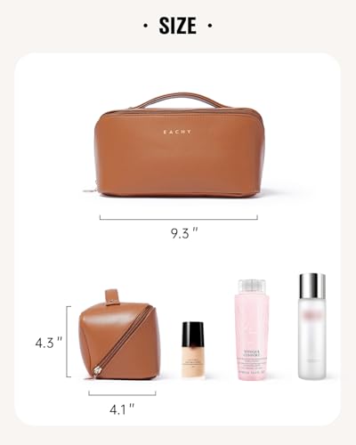 EACHY Medium Travel Makeup Bag for Women - Brown PU Leather Cosmetic Organizer