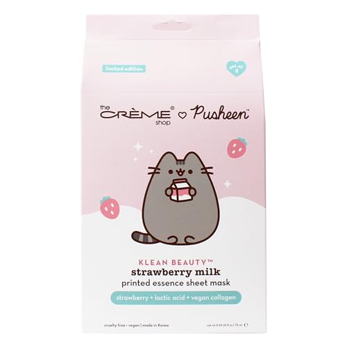 The Cr?me Shop x Pusheen Printed Essence Sheet Mask - Formulated with Collagen, Lactic Acid, and Strawberry for Glowing, Moisturized Skin (Strawberry Milk) (Pack of 3)