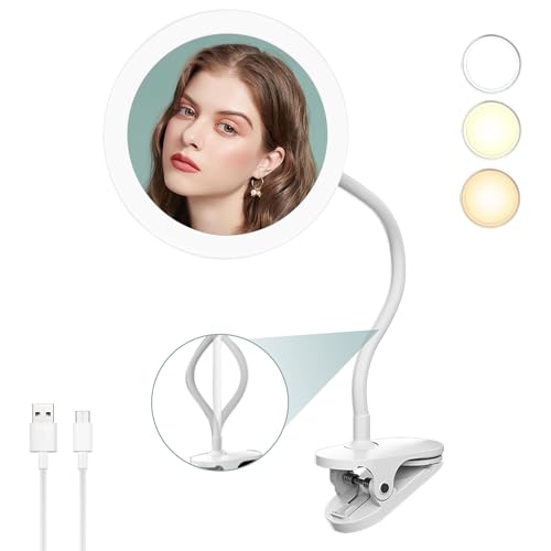 10X Magnifying Clip on Makeup Mirror Gooseneck, 6.5" Vanity Mirror with Light, 2000mAh USB Recharge 360¡Æ Rotating,Clip On Gooseneck Magnifying Vanity Mirror with Light,Travel Makeup Mirror (White 10X)
