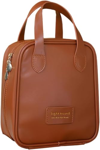 Brown Leather Makeup Bag with Dividers & Travel Organizer