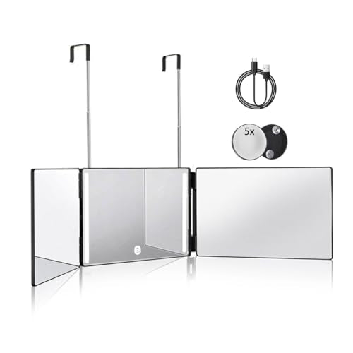 HIEEY 3 Way Mirror for Hair Cutting with LED,360 Trifold with Height Adjustable Telescoping Hooks,and 5X Magnification,for Makeup and Styling (Black)