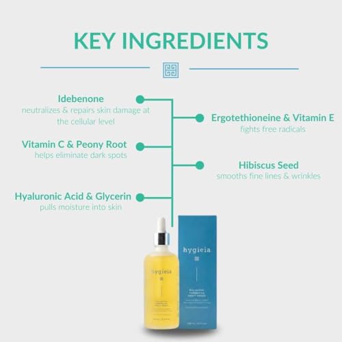 Hygieia + Bio-Active Idebenone Smart Serum with Liposomal Delivery - Potent Antioxidant Face Serum for Anti-Aging, Firming & Environmental Defense - Vitamin C & E, Hyaluronic Acid & Hibiscus (3.3 oz)