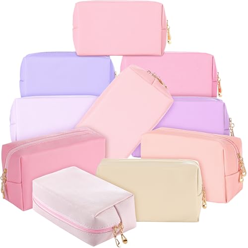 Sanwuta 9 Pcs Makeup Bags Bulk PU Double Zippers Cosmetic Bag Makeup Toiletry Small Pouch Portable Travel Organizers Case for Women Bridesmaid Proposal Gifts(Pink Purple Series)