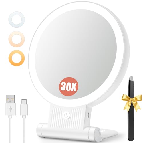 Auxmir 30X Magnifying Makeup Mirror with Light & Rechargeable Battery