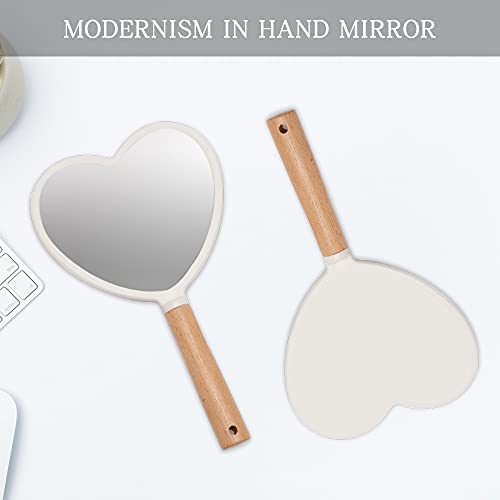 YEAKE Heart-Shaped Hand Held Mirror with Wooden Handle - Travel Vanity Mirror for Men & Women, 9 x 5.5 Inches, White & Heart