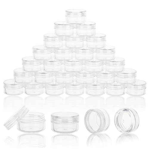 100 Count 3 Gram Sample Containers, Clear Lip Balm Containers with Lids, Small Plastic Sample Jars with 8 Mini Spoons, 100pcs Labels (Clear Lid)