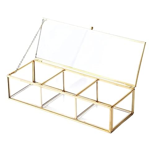 Vintage Golden Glass Lidded Box Clear Glass & Brass Metal Storage Jewelry and Cosmetic Makeup Organizer with Lid Beauty Display, Rectangle with 3 Compartment