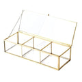 Vintage Golden Glass Lidded Box Clear Glass & Brass Metal Storage Jewelry and Cosmetic Makeup Organizer with Lid Beauty Display, Rectangle with 3 Compartment