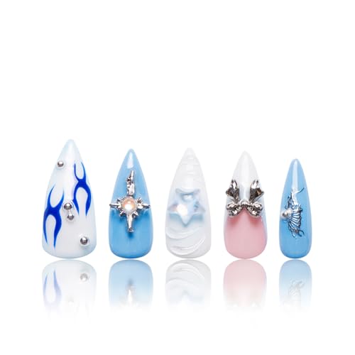 LOVFUL Press on Nails FROZEN | Handmade with Full Covered Crystals | Reusable Full Cover Nails | Stiletto Classic Regular 1.3 in | H319-M