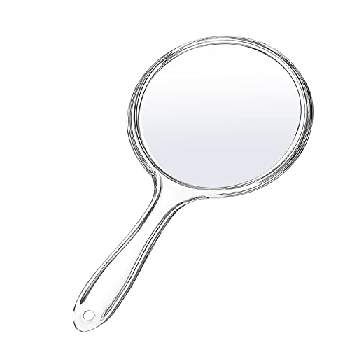 Small Clear Handheld Mirror with Handle 3.9x8.3 Inches - Double Sided 1X 2X Magnification - Clear Frame - Compact Makeup & Salon Mirror