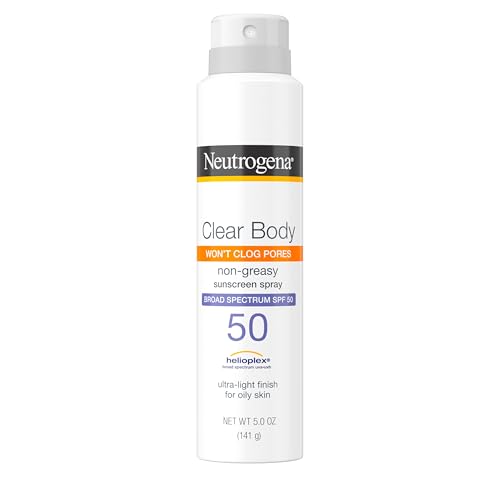 Neutrogena Clear Body SPF 50 Sunscreen Spray, Broad Spectrum UVA/UVB Sun Protection, Water-Resistant, Non-Comedogenic, Lightweight Body Sunscreen with Vitamin E & Niacinamide for Skin Care, 5 oz