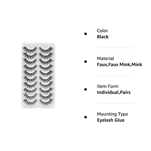 Bluesmurfs False Lashes 3D Cat-Eye Volume Eyelashes Clear Band Lashes Natural Look Faux Mink Invisible Strip Wispy Fake Lashes 10 Pairs