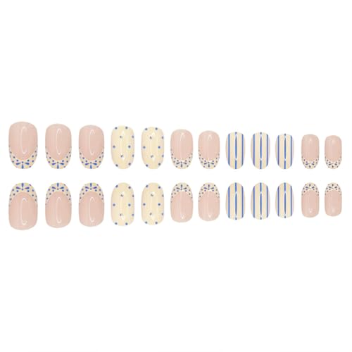 French Tip Press On Nails Short Almond 24pc Polka Dot Blue