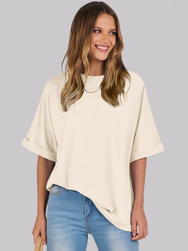 ANRABESS Women's Oversized T Shirts Short Sleeve Crewneck Summer Tops Casual Loose Basic Tee Shirts 2024 Trendy Clothes Apricot Small