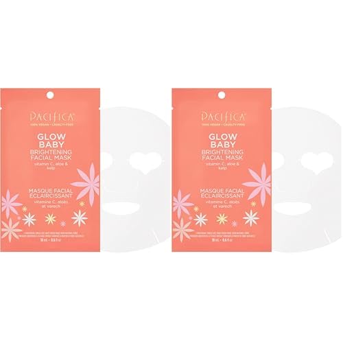 Pacifica Beauty, Glow Baby Brightening Face Mask, Sheet Mask, Skincare, Vitamin C, Aloe, Kelp, Brightening, Glowing Skin, Dullness, Fine Lines, Dark Spots, Dry Skin, Vegan & Cruelty Free (Pack of 2)