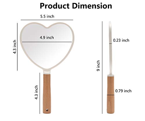 YEAKE Heart-Shaped Hand Held Mirror with Wooden Handle - Travel Vanity Mirror for Men & Women, 9 x 5.5 Inches, White & Heart