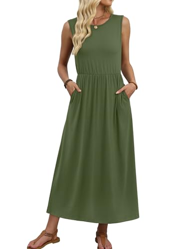 WIHOLL Summer Maxi Dresses for Women Flowing Long A-Line Sleeveless Sundresses with Pockets