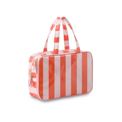 Travel Toiletry Bag for Women, Waterproof Clear Coated Portable Stripe Makeup Cosmetic Bag with Compartment, Travel Organizer for Shampoo, Conditioner, Brushes Set,Cosmetic Accessories(Pink-Orange)