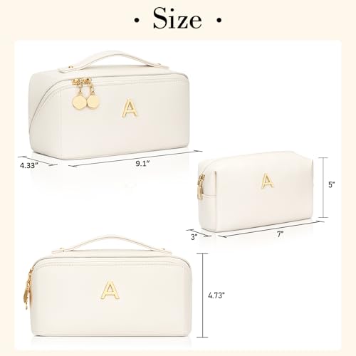 Birthday Gifts for Women Teen Girl, Personalized Initial Makeup Organizer Bag Set, Open Flat Travel Cosmetic Bag With Clear Divider and Handle(Beige,A)