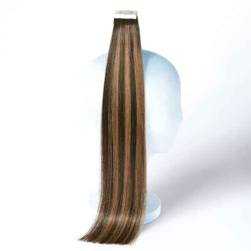 DNE Tape in Hair Extensions Real Human Hair 18 inches 20Pcs/50g/Pack Seamless Dark Brown to Chestnut Brown#T4-P4/27 Straight Invisible Double Sided Tape in Hair Extensions for Women/Girls