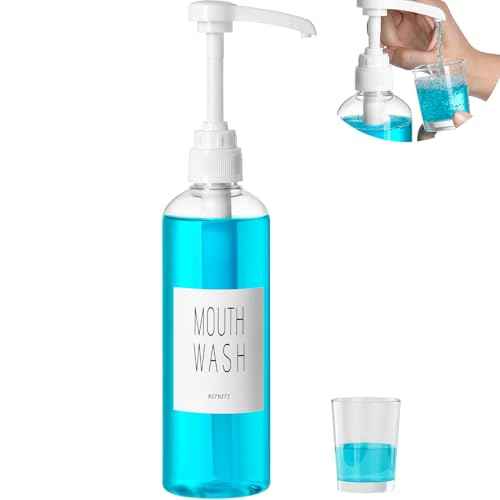 VITVITI Plastic Mouthwash Dispenser for Bathroom, 17 OZ Pump Mouth Wash Container Bottle with Cup, Clear Refillable Mouthwash Dispenser with Labels