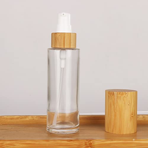 COSIDEA 6 pcs Empty 2oz / 60ml bamboo lids clear glass bottle with lotion pump dispenser, refillable emulsion cosmetic cream bottles, toiletries refill travel container