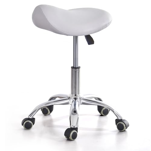 Ergonomic Saddle Rolling Stool for Salon Office Bar Tattoo Lash Tech Manicure Kitchen Hygienic Home Eyelash Artist Spa Metal Stool with Wheels Adjustable Seat Chair,White