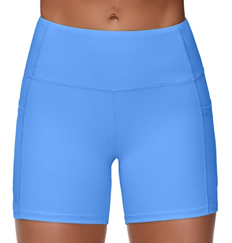 THE GYM PEOPLE High Waist Yoga Shorts for Women's Tummy Control Fitness Athletic Workout Running Shorts with Deep Pockets(Small, Sea Blue)